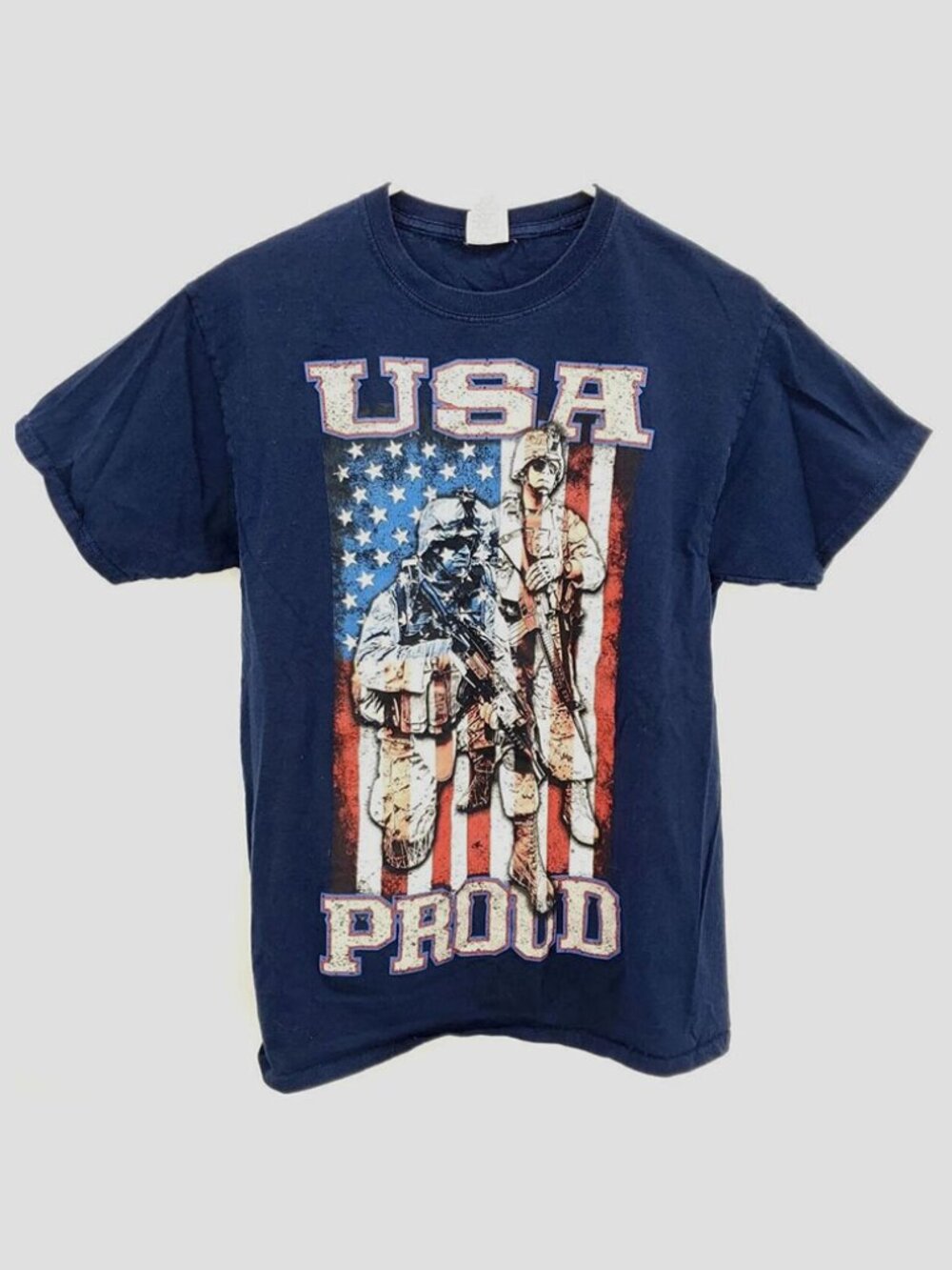 USA Proud American Flag Patriotic T-Shirt Men Medium Blue Military Graphic Tee